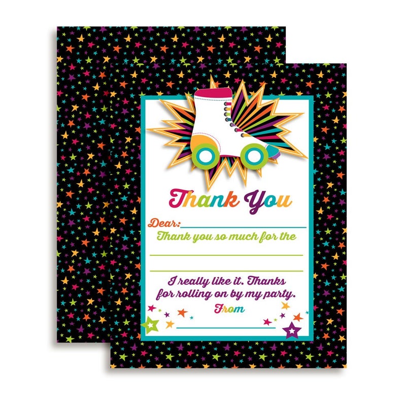 Amanda Creation Roller Skating Themed Thank You Notes for Kids, Ten 4" x 5.5" Fill In The Blank Cards with 10 White Envelopes by AmandaCreation - Image 1